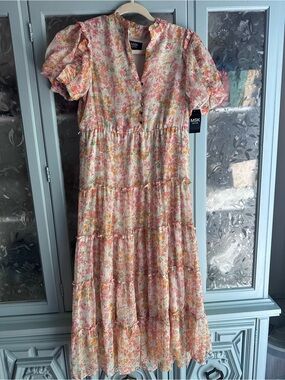 MSK Floral Tiered Midi Dress in Peach, Pink and Cream